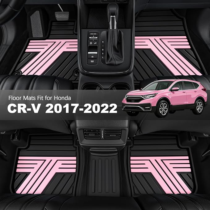 All Weather Rubber Floor Mats for Honda CR-V 2017-2022 (Gasoline & Hybrid) | Custom Fit Heavy Duty Anti-Slip Car Mats for CR-V, 1st & 2nd Row, Black & Pink