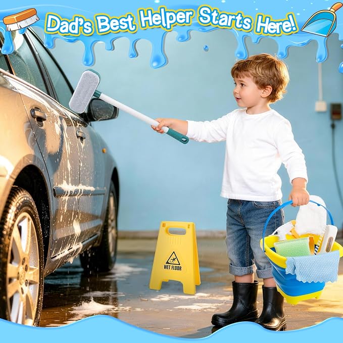 deAO Kids Car Wash Toy Cleaning Set with Brush Spray Bottle Ages 3+ | 13Pcs Cleaning Toy Set with Bucket,Caution Sign,Christmas Birthday Gift,for Girls Boys