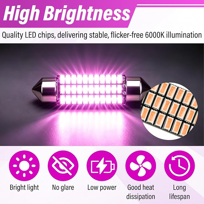 ecocstm 24 PCS LED Interior Car Lights, T10 31mm 41mm LED Interior Lights Replacement Kit, 14V Interior Led Lights for Cars Dome, Map, Door, Trunk, Indicator Light (Pink Purple)