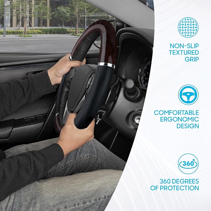 BDK Dark Wood Grain Car Steering Wheel Cover, Standard 15 inch with Black Faux Leather Grip, Made to Fit Most Auto Truck Van SUV