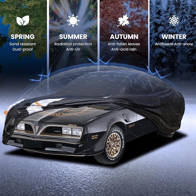 Multi-Layer Car Cover Custom Fit for Pontiac Firebird(1992-2002), 100% Waterproof All Weather for Automobiles, Gift with Towel, Heavy Duty Car Covers for Rain Sun UV Protection with Door Zipper