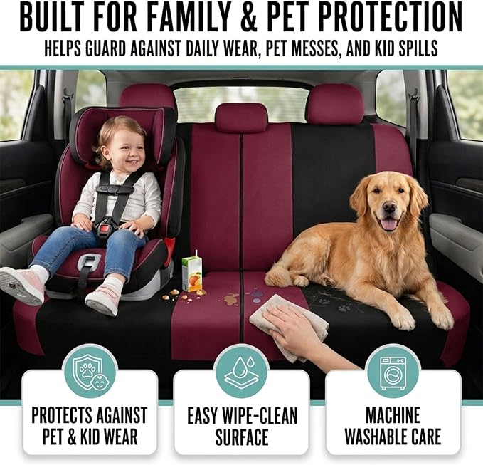 FH Group Car Seat Covers Full Set Cloth,Universal Fit combo,Washable Automotive Seat Covers,Low Back Front Seat Covers,Airbag Compatible,Split Bench Rear Seat for SUV,Sedan,Van Burgundy