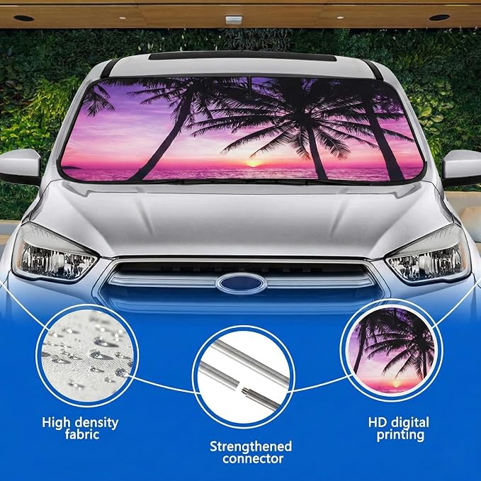 Car Windshield Sun Shade, Universal Fit Compact Sedan SUV, Vacation Style | 59 x 27.5" Car Sun Visor, Foldable Front Window Sunshade, UV Heat Blocker