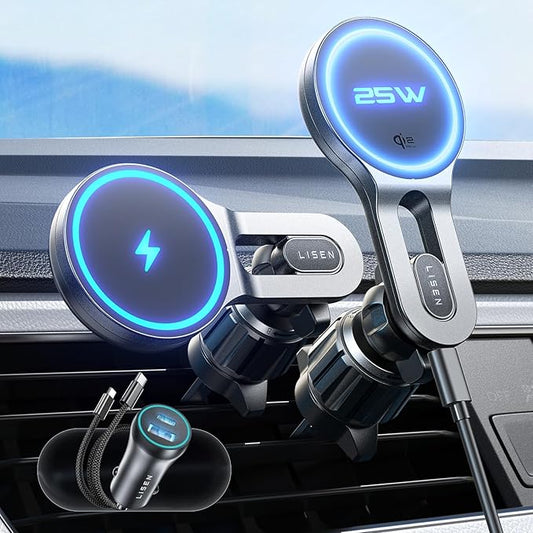 LISEN for Qi2.2 25W MagSafe Car Mount Charger, [Stable & Fast Charging] for Car Vent Magnetic Wireless Car Charger, Car Phone Holder Charger Car Accessories Fits iPhone 17 Pro Max Air 16 15 14 13 12 | [Fast Charging]Magsafe Car Mount Charger,[Qi2.2 Cer...