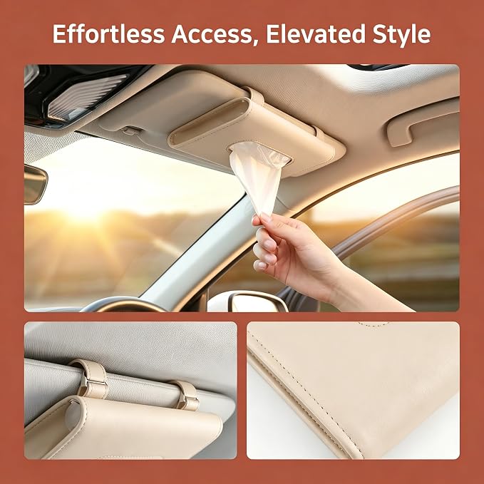 Car Tissue Holder, Visor Tissue Box for Car SUV Truck, Sun Visor Napkin Holder with Metal Clip, PU Leather Auto Interior Accessories (Beige)