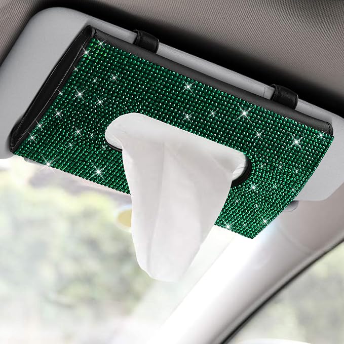 Bling Car Sun Visor Tissue Box Holder, Visor Accessories, Rhinestone PU Leather Crystal Sparkling Napkin Holder, Auto Sun Visor Paper Towel Cover Case Accessories for Most Cars (Green)