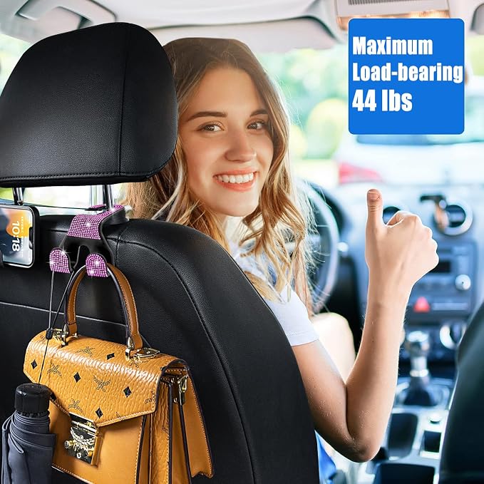 Bling Car Purse Hooks 2Pcs, Rhinestones Car Headrest Hook Backseat | Double-Hooks,Holds 44Lbs,Wide-Opening,Durable Nylon,Car Seat Hook,Purse Holder,Bling Car Accessories for Women-Black