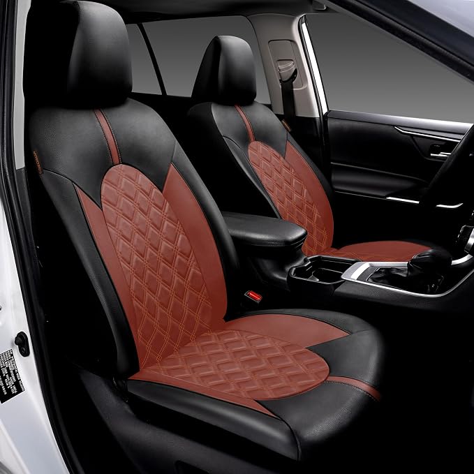 CAROMOP Luxury PU Leather Car Seat Covers Front Set, Anti-Stain Waterproof Automotive Seat Covers for Cars, Universal Car Interior Covers Seat Protectors for SUVs Pick-up Trucks(Burgundy Red)