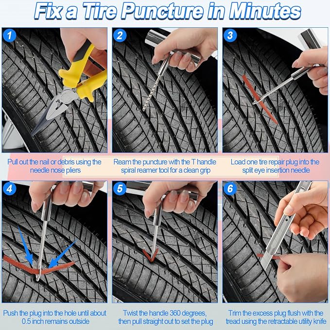 Tire Plug Kit, 160 PCS Tubeless Tire Repair Kit with Metal T-Handle Tools, Repair Strips, Screw-in Repair Plugs, Valve Stem Service Accessories, Pressure Gauge, Gloves & Hard Case