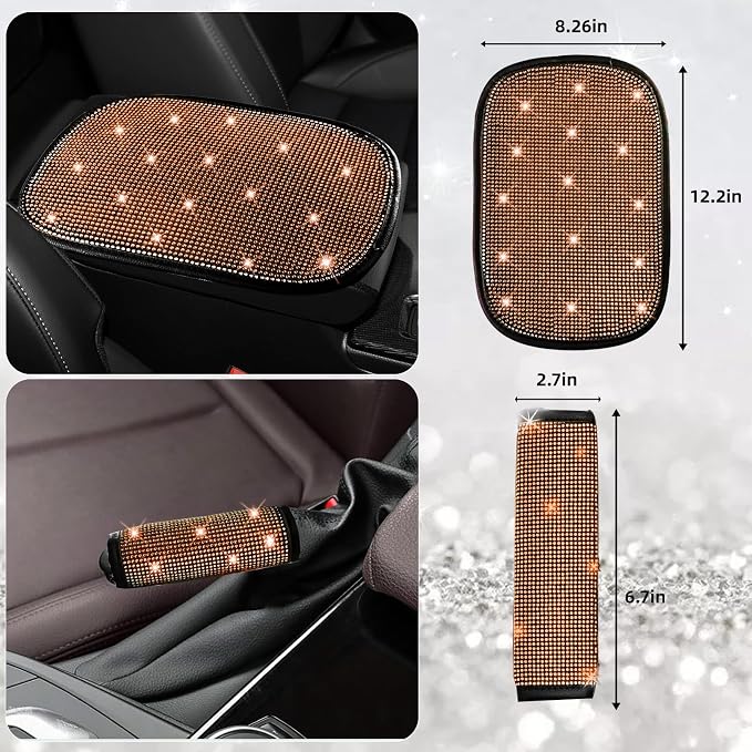 NBTEPEM 30 Pcs Orange Bling Car Accessories Set for Women, Steering Wheel Cover Set, Bling Console Cover, Seat Belt Cushion, Shift Knob Cushion, Cup Holder Coaster, Rhinestone Car Hanging Accessories