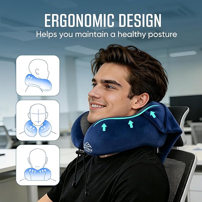 SkytraxComf® Travel Neck Pillow with Hood for Privacy on Long Flights | Memory Foam | Airplane Sleep | Safety-Tested Materials | Extra Large Hood | Chin Support | Earplugs | Washable Cover