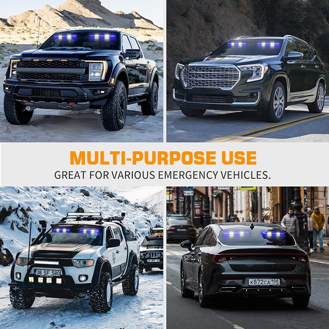XRIDONSEN 2x 17 inch 40 LED Blue White Emergency Dash Strobe Lights | Interior Front/Rear Windshield Light Bar Safety Flashing Warning Hazard w/Suction Cups for Vehicles Trucks Car