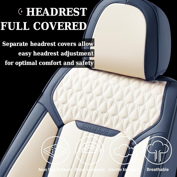 Coverado Seat Covers Full Set, Car Seat Covers Waterproof, Luxury Leather Seat Cover for Cars, Front Seats and Back Seat Cover, Car Seat Cushion, Car Seat Protector Universal Fit Most Cars,Blue&White