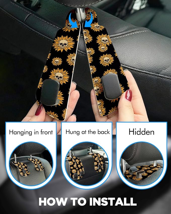 WOCOCN Purse Holder for Car, 2 Pack Heavy Duty Purse Hanger for Car, PU Leather Car Seat Hooks for Purses and Bags, Cute Sunflower Skull Headrest Organizer for Handbags & Backpacks