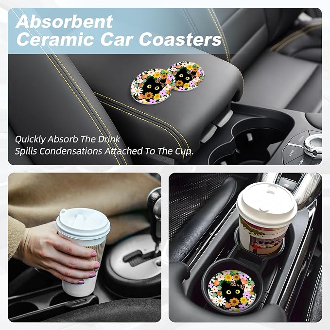 Flower Cute Black Cat Car Coasters for Cup Holders,2 Pack Car Cup Holder Coasters for Car,Ceramic Absorbent Car Coaster with A Finger Notch and Cork Base,Car Interior Accessories for Women Men