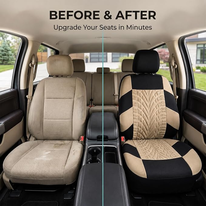 FH Group Front Set Travel Master Car Seat Covers - Covers for Low Back Car Seats with Removable Headrest, Universal Fit, Automotive Seat Cover, Airbag Compatible Car Seat Cover for SUV, Sedan Beige