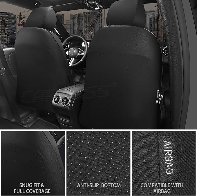 CAR PASS Neoprene Waterproof Seat Covers Full Sets, Wetsuit Car Seat Covers 5 Seats Universal Fit Vans, Truck, SUV, 3D Tyre Embossed Seat Covers Anti Slip with Armrests, Aibag Compatible(Black Gray)
