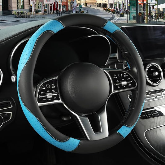 Black Blue Breathable Microfiber Leather Steering Wheel Cover | Breathable Anti Slip Grip Cool Sporty Look Glow for Women Men