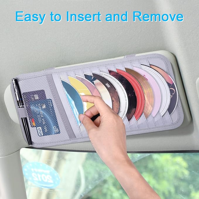 Car CD Case Holder, Wisdompro Vehicle Sun Visor Organizer for Cars with 12 DVD Storage Sleeves, 1 Mesh Pocket, 1 Pen Holder and Elastic Strap, Gray