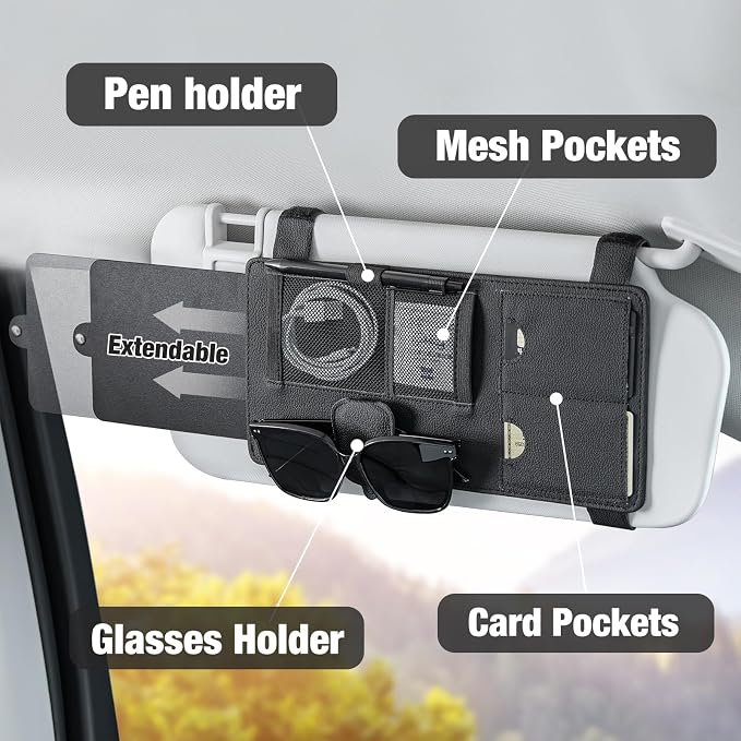 SEG Direct Car Sun Visor Extender Organizer Magnetic Sunglass Holder Black | Sun Blocker, Sunglass Hanger Clip, Ticket Card Organization Pouches, for Car Truck SUV