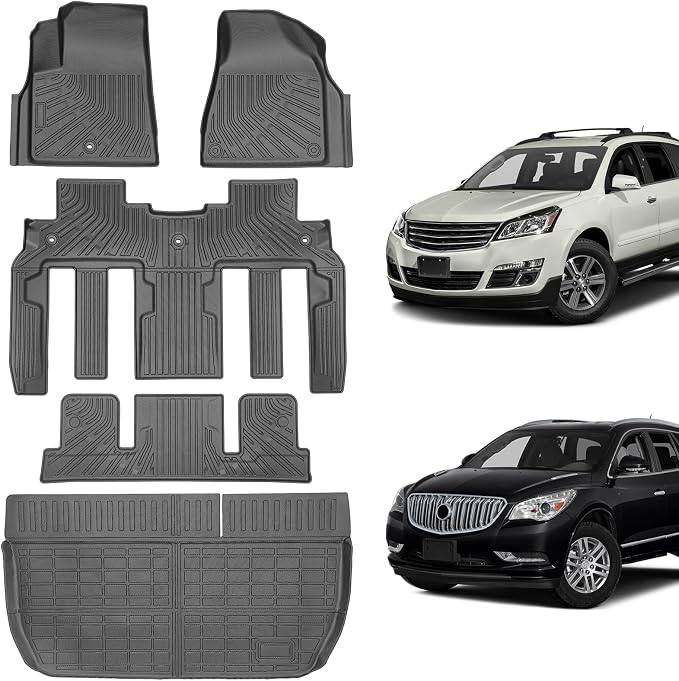Floor Mats for Chevy Traverse 2009-2017 & Buick Enclave 2008-2017 | Custom Fit TPE All Weather Liners, 3 Rows & Cargo Liner Set, Heavy Duty Rubber Mats for 7 Seat SUVs with Full Coverage
