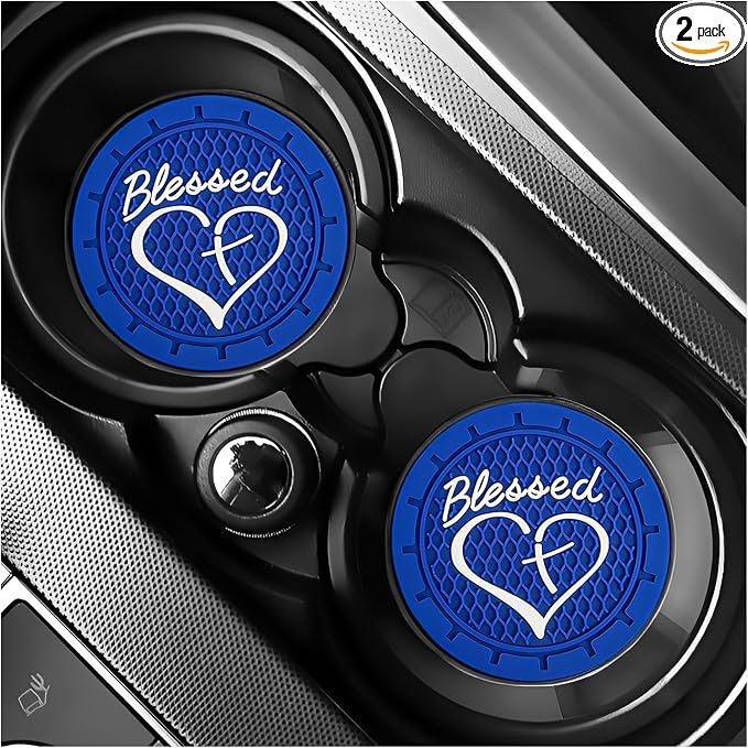 2 PCS Car Cup Holder Coaster, 2.76 Inch Non-Slip Auto Drink Mats with Blessed Cross and Heart, Shockproof Christian Cup Insert Coaster for Most Vehicles, Car Accessories (Blue)