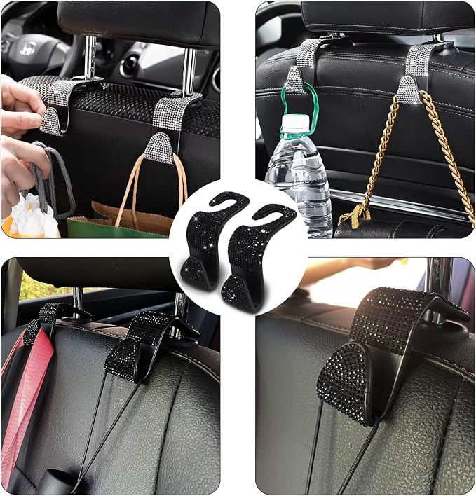 OSIFIT 2PCS Car Seat Hooks - Bling Rhinestone Headrest Hooks with Universal Design - Perfect for Holding Handbags, Clothes, Purses, and Water Bottles - Black