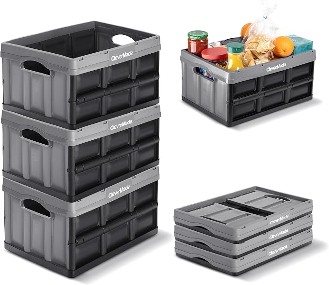 CleverMade Collapsible Storage Bins, 32L 3 Pack, Durable Plastic, Ocean | Built-in handles simplify garage, car and household organization, while the roomy open-top keeps bulky supplies accessible