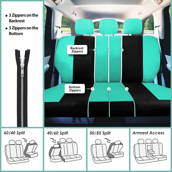 FH Group Full Set Cloth Car Seat Covers , Universal Fit combo, Low Back Front Seat Covers, Airbag Compatible, Split Bench Rear Seat, Washable Seat Cover for SUV,Sedan,Van, Mint