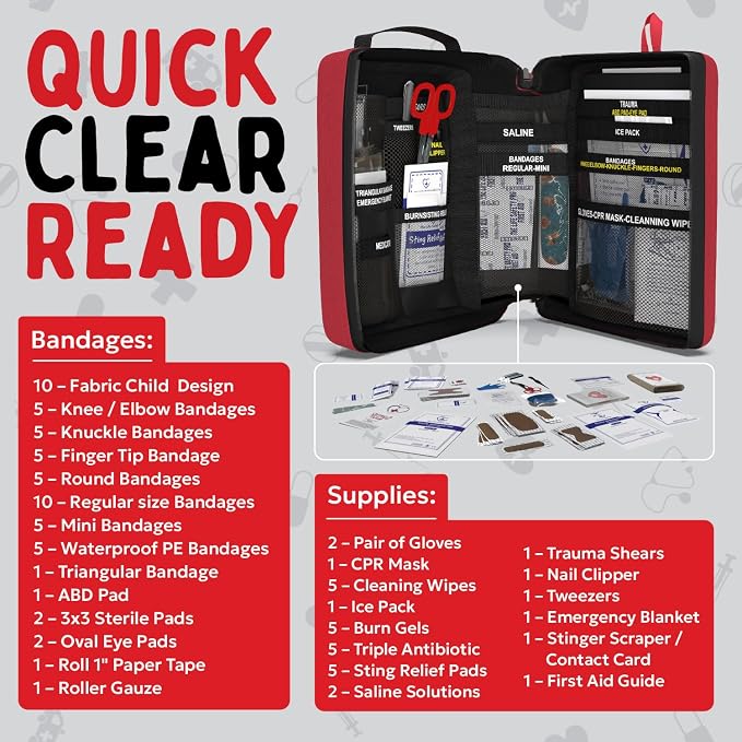 Portable First Aid Kit for Kids with CPR Shield - Ideal for Home, Car, School, Camping, and as a Travel First aid kit. Latex-Free Bandages – Children First Aid Guide by The Life Safety Pro
