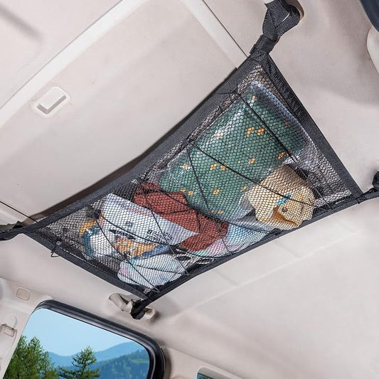 Car Ceiling Cargo Net 35.4" x 23.6", Double Layer Roof Storage Organizer for SUV,Overhead Mesh Holder with Reinforced Straps,Road Trip Essentials for Camping Travel Fits 4 Handle Vehicles