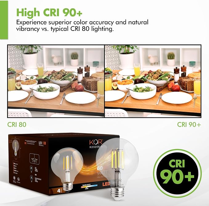 KOR 4 Pack 5.5W (60W Equivalent) Clear G25 Globe Led Light Bulbs 2700K Warm White Dimmable Filament G25 Vintage LED E26 Base Dimmable Globe for Bathroom Vanity Bedroom Pendant