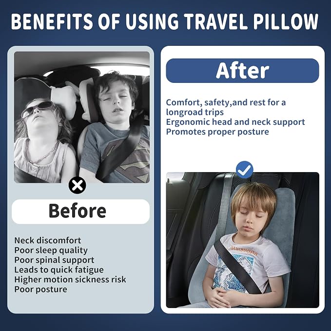 Travel Pillow,Car Pillow for Kids on Road Trip,Head and Neck Support,Grey | Car Travel Essentials Sleeping Pillow for Kids and Adults with Adjustable Strap,Plush Faux Fur, High-Resilience PP Cotton