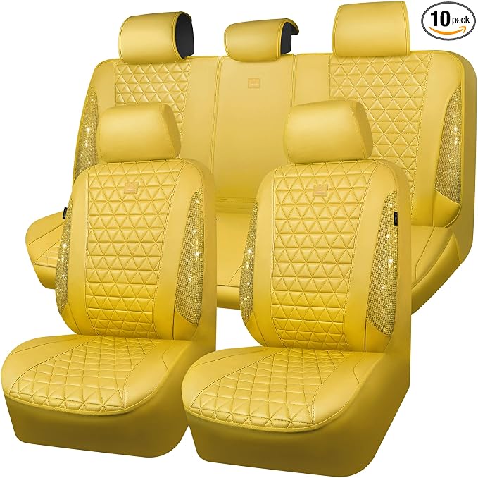 CAR PASS Yellow Bling Diamond Leather Car Seat Cover Full Sets,Waterproof Shining Glitter Sparkly Crystal Universal Fit for Automotive Truck SUV Cute Women Girl Airbag Compatable,All Yellow Rhinestone
