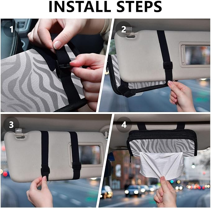 Car Tissue Holder Car Napkin Holder Car Tissue Box Dispenser Storage Case Sun Visor Mask Holder with Adjustable Straps Reusable Refillable Light Silvery Zebra Print