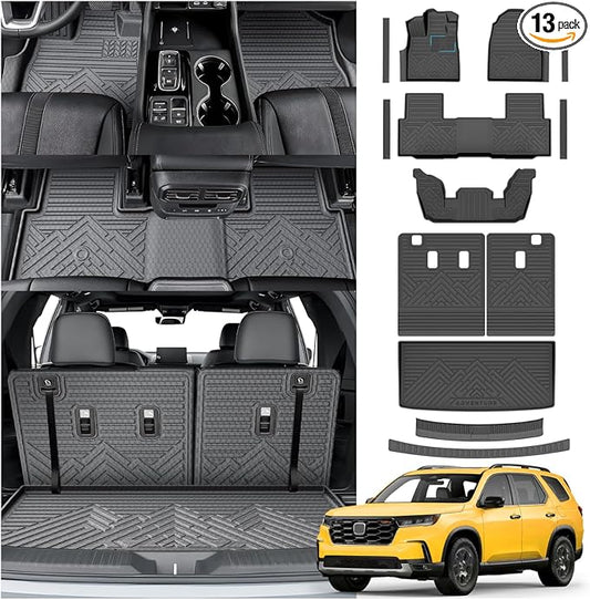 KUST Floor Mats for 2023-2026 Honda Pilot Accessories | Front Rear Floor Liners, Cargo Trunk Mat, Backrest Mat, Door Sill Protectors, TPE Rubber, Raised Edge, Extra Heel Pad Plate