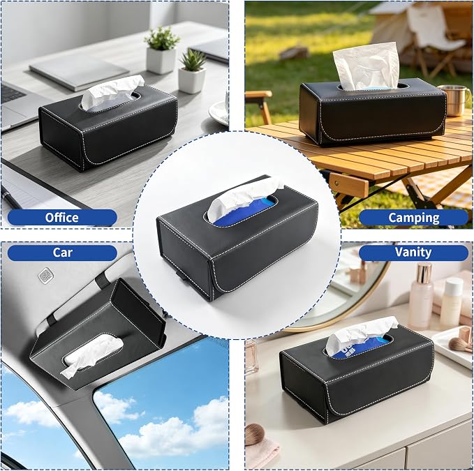 Car PU Leather Tissue Holder for Sun Visor and Back Seat Organizer | Tissues Box Cover for Sunvisor and Cars Backseat Large Rectangle Napkin Holder Fit for Various Tissue Sizes Box Organizer