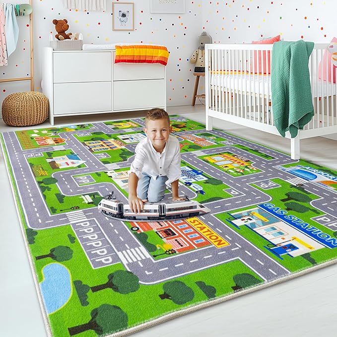 Car Rug Play Mat for Kids Toy Cars, City Road Traffic Playmat for Kid Bedroom, Non-Slip Machine Washable Kids Rugs for Learn and Have Fun 6'x9'/ 72"x108", Green