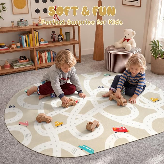 STARUIA Small Kids Rug for Kids Room, 3'x5' Washable Road Rug for Baby Nursery, Non-Slip Car Rugs for Playroom, Tan Traffic Play Mat Soft Fun Rugs for Boys Girls Dorm Toy Room Tent