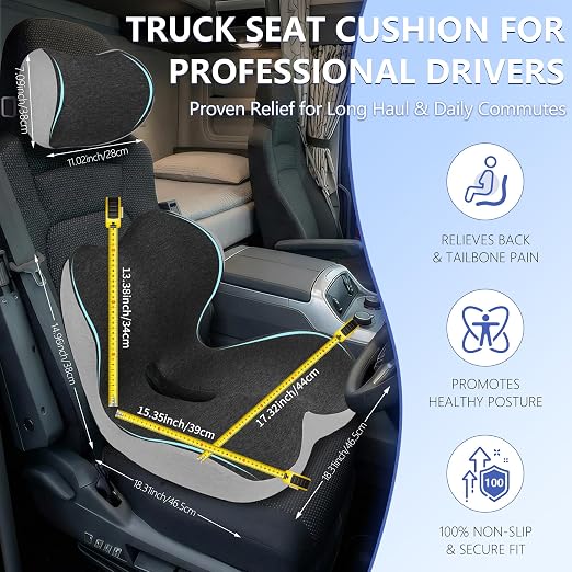 Truck Seat Cushion and Headrest 2-in-1 Set for Truck Driver, Lumbar Support Car Cushions for Long Haul Driving, Memory Foam for Semi Truck & Big Rig, Ergonomic Relief for Back & Sciatic Pain