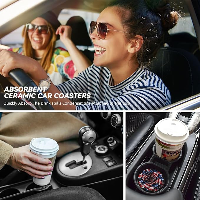 American Flag Rose 2 Pack Car Cup Holder Coasters Absorbent Ceramic Drink Coasters 2.56" Universal Anti Slip Cup Mat with Cork Base and Finger Notch Auto Accessories Interior for Women Men