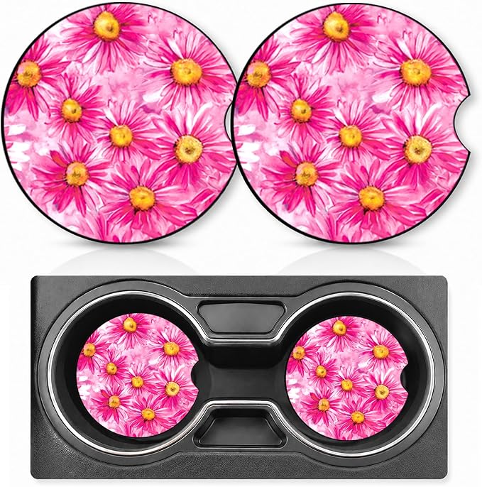 2PCS Daisy Car Cup Holder Coasters Neoprene Car Coasters Universal | 2.75" Anti-Slip Rubber Mat with Finger Slot for Vehicle SUV Truck Fresh Cars Accessories Daisy Gifts for Women Men