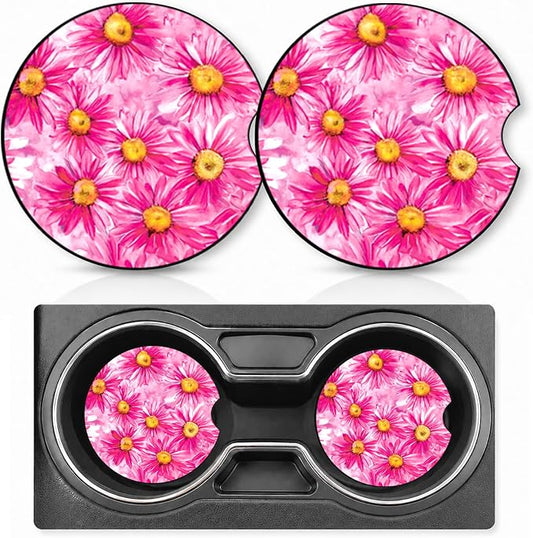 2PCS Daisy Car Cup Holder Coasters Neoprene Car Coasters Universal | 2.75" Anti-Slip Rubber Mat with Finger Slot for Vehicle SUV Truck Fresh Cars Accessories Daisy Gifts for Women Men