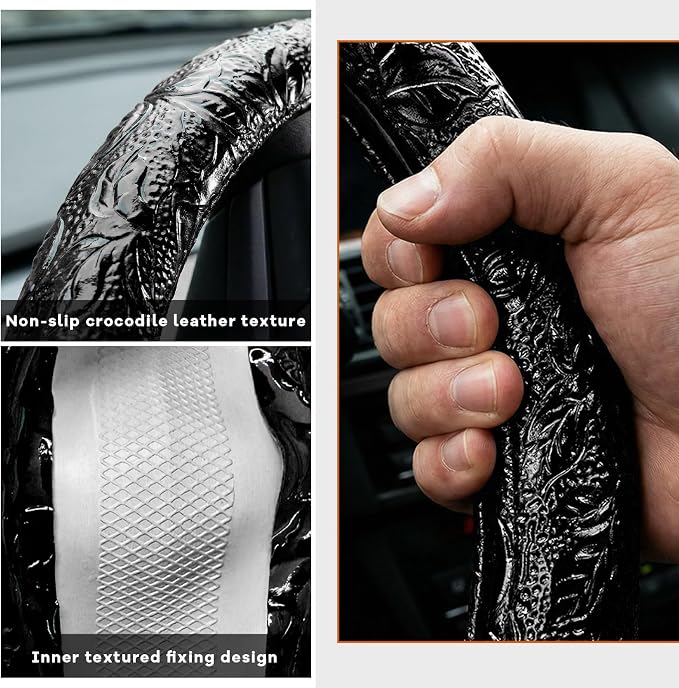 Leather Car Steering Wheel Cover, 15 Inch Anti-Slip Crocodile Pattern Steering Wheel Wrap with Rose Grain, Comfortable Grip Wheels Protector for Cars SUVs Trucks, Car Accessories (Black)