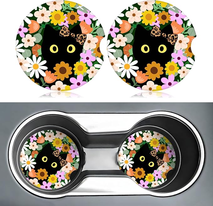 Flower Cute Black Cat Car Coasters for Cup Holders,2 Pack Car Cup Holder Coasters for Car,Ceramic Absorbent Car Coaster with A Finger Notch and Cork Base,Car Interior Accessories for Women Men
