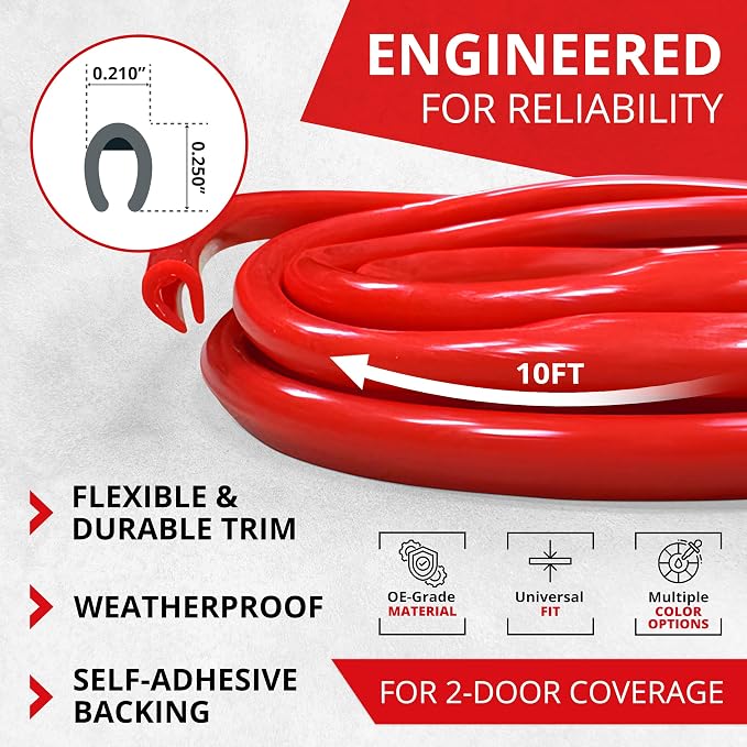 All-Fit Automotive Car Door Edge Protector – Universal DIY Edge Trim to Prevent Scratches & Dings – Flexible Adhesive Molding Trim for Cars, Trucks & SUVs (10 Ft - Red)