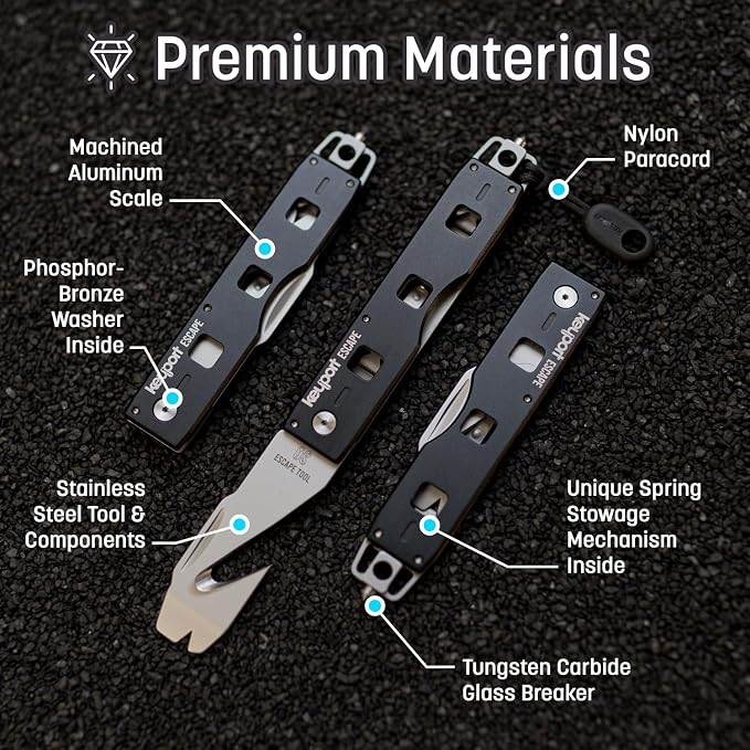Keyport Car Rescue Tool - Tungsten-Carbide Window Breaker & Seatbelt Cutter | Solid Tip - No Spring To Fail | Shatters Side Glass | Rescue-Grade | Pry Bar | Pocket Clip | Paracord Pull | Customizable