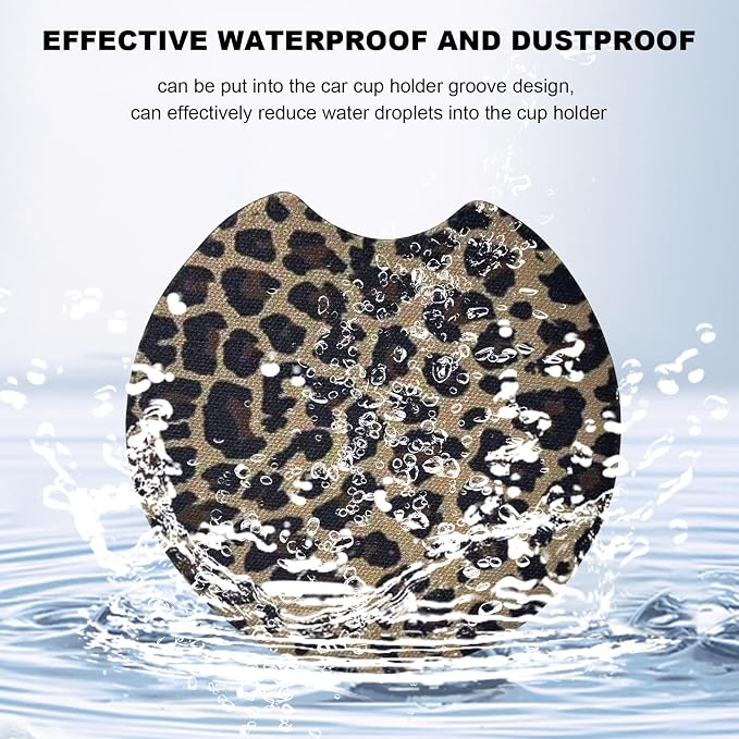 2PCS Car Cup Holder Coasters, Leopard Print Absorbent Rubber Insert Coaster with Finger Notch, Anti-Slip Drink Cup Mat Cute Vehicle Interior Accessories for Women Men (C2)
