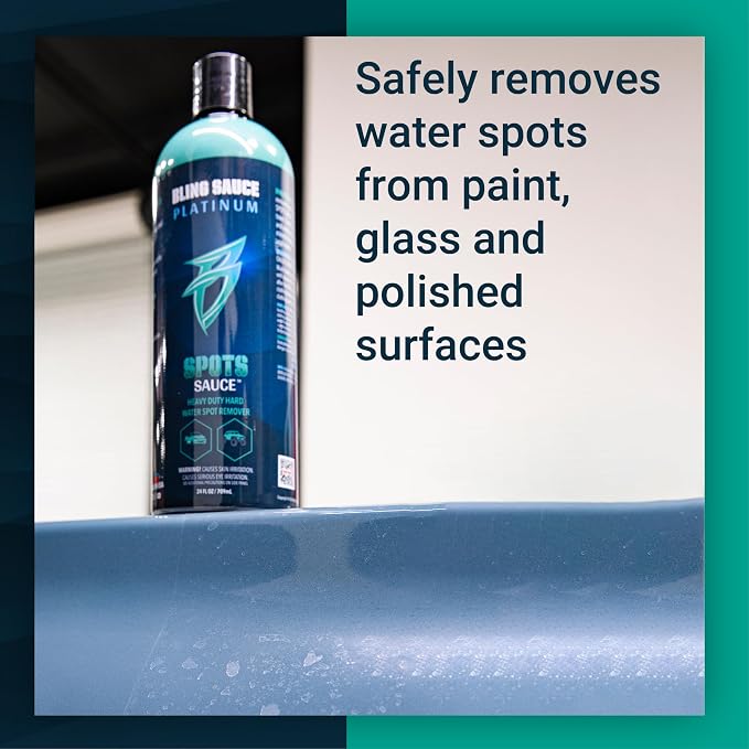 Bling Sauce Platinum Spots Sauce, Heavy-Duty Hard Water Spot Remover for Cars, Trucks, SUVs, 24oz. | Heavy duty mineral deposit remover clings to glass, chrome, paint and polished metal to dissolve hard water spots safely