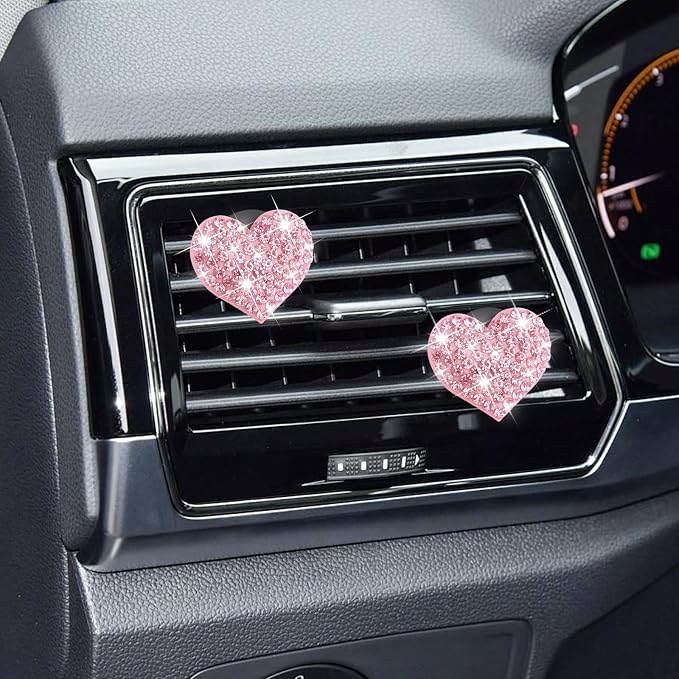 4PCS Bling Car Vent Clips with Rhinestone,Cute Heart Air Vent Clips for Interior Decorating,Shiny Air Vent Clips Car Accessories as Birthday Gifts for Women & Girls (Pink)